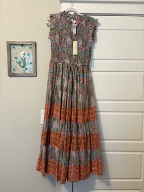 Smocked Maxi Dress in Dusty Blue and Rust